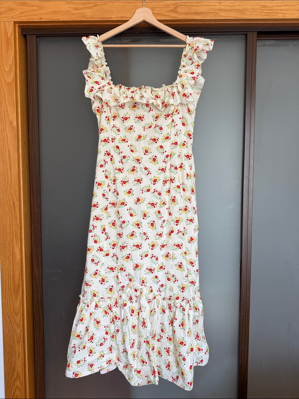 Rixo Cotton Floral Ruffle Sundress - White with Red Flower Print